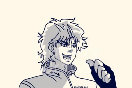 A monochrome image of Dio from Jojo's Bizarre Adventure with his thumb pointing at himself and a devious grin on his face.