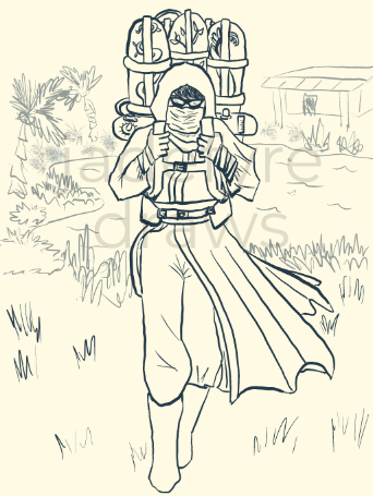 A lineart drawing of a character with a breathing mask on their face. They carry a backpack with several tubes and hoses criss crossing over it; there appear to be plants inside. They are walking away from what appears to be a desert oasis. (This is my character Tagoni)