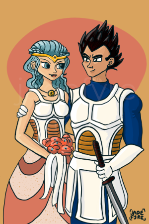 A full-colour illustration of Bulma and Vegeta from Dragon Ball Z dressed up in royal garb.