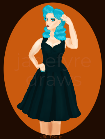 A picture of Bulma from the Dragon Ball franchise wearing a black dress, with her blue hair done in a 40s style. She wears a black dress and has one hand at her temple and the other on her hip.