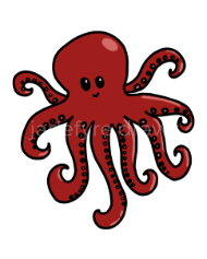 A cartoon-style illustration of a smiling red octopus