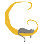 A whimsical vector illustration of a cat taking a nap on a stylized crescent moon