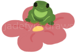 An illustration of a green frog on a pink flower