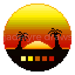 A pixel art illustration of a sunset with two silhouetted palm trees and squares on the black foreground showing the colour palette of the artwork
