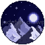 A pixel art illustration of the night-time moon shining on mountaintops