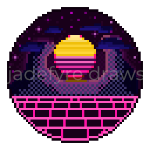 A pixel art illustration of a synthwave-style sunset behind a pair of mountains