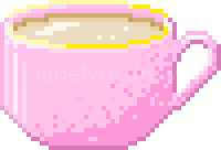 A pixel art illustration of a pink teacup holding milk tea