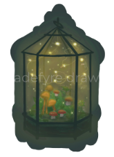An illustration of a terrarium with mushrooms, rocks, moss, and glowing fairy string lights inside