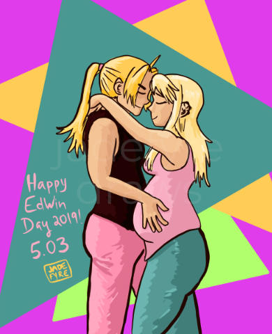 An image of Edward Elric and Winry Rockbell from the Fullmetal Alchemist manga & anime; they are embracing and Edward has a hand on Winry's belly; Winry appears to be pregnant. Text beside the couple reads: Happy EdWin Day 2019 5.03